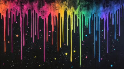 A vibrant abstract wallpaper of dripping paint in rainbow colors with scattered star shapes