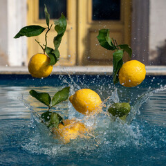 Yellow Lemons and Green Leaves Splashing into Water