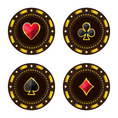 Round black and gold poker chips with polygonal card suits, retro premium vector set, luxury glossy collection of casino items for gambling