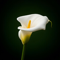 A striking, close-up shot of a white Calla lily against a dark background, highlighting its smooth curves and vibrant yellow spadix.