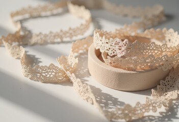 Delicate lingerie elastic bands and trim pieces arranged elegantly