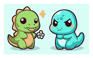 Obraz premium Cute Cartoon Dinosaurs Showing Emotions with Flower and Frown Expression
