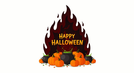 Fototapeta premium Festive Halloween illustration with orange pumpkins, bubbling black cauldrons, and a fiery 