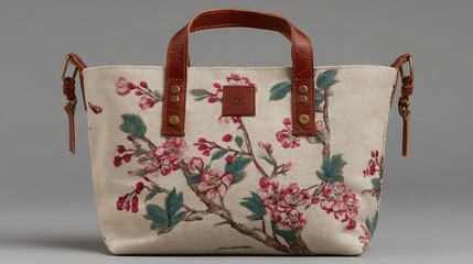 Canvas tote bag with leather straps and floral print. --