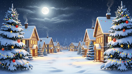 Christmas Village Snow Scene Under Full Moon