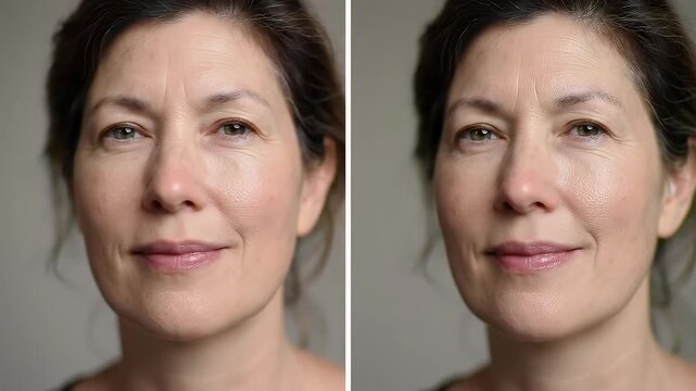 Detailed Portrait of Middle Aged Woman Skin Treatment Before and After Comparison Showcasing Enhanced Texture and Tone on Neutral Background Illuminating Skincare Result in Adobe Stock