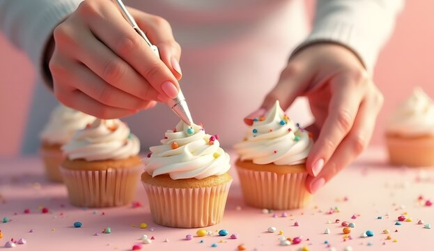 3D rendered close-up of hands decorating cupcakes with frosting and sprinkles, soft pastel background