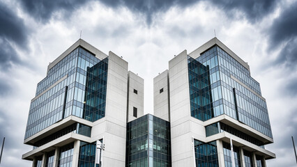 Modern Architectural Office Building with Glass Facade Under a Cloudy Sky