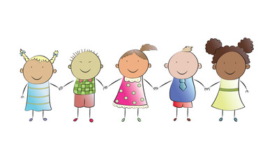 Children from all over the world are holding hands. Cute illustration isolated on white