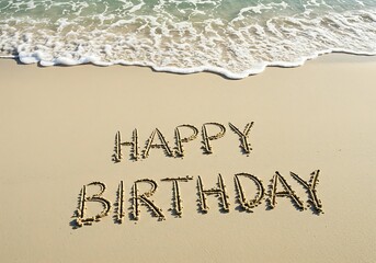 Happy Birthday Message Written in the Sand on a Beach. Generative Ai