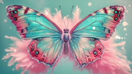 Vivid teal and pink butterfly with intricate patterns, resting on soft, pink feathers