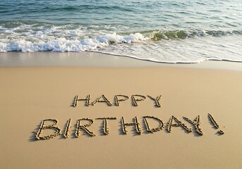 Happy Birthday Message Written in the Sand on a Beach. Generative Ai