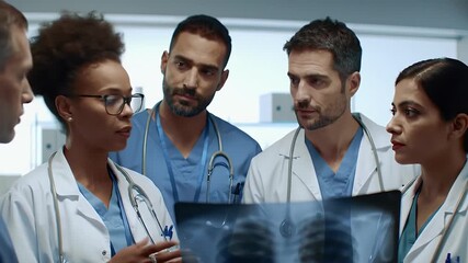 Diverse Medical Team Analyzing X-Ray in Clinical Setting Featuring Doctors Nurses in Scrubs and White Coats Under Bright Lighting Perfect for Illustrating Diagnostic Process and Healthcare Expertise - Powered by Adobe