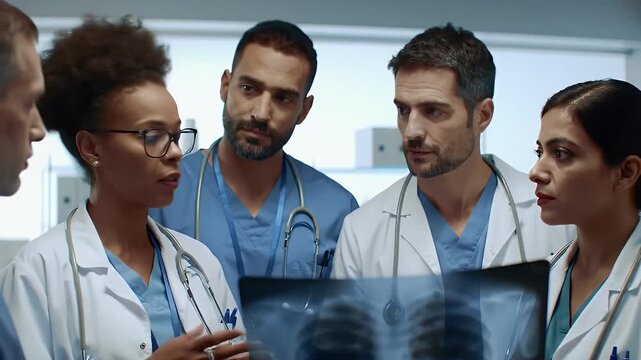 Diverse Medical Team Analyzing X-Ray in Clinical Setting Featuring Doctors Nurses in Scrubs and White Coats Under Bright Lighting Perfect for Illustrating Diagnostic Process and Healthcare Expertise - Powered by Adobe