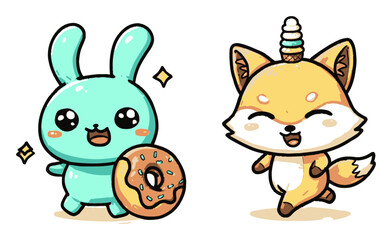 Cute Cartoon Bunny and Fox Characters with Donut and Ice Cream Treats