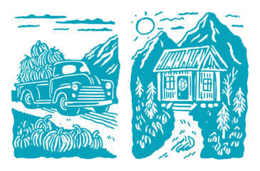 Vintage Truck Carrying Hay with Mountain Cabin Landscape Illustration