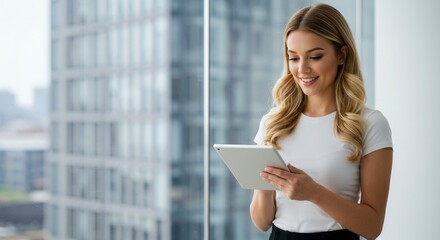Fototapeta premium A blonde woman smiles while looking at a tablet in front of a window