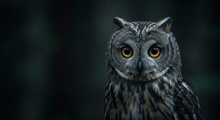 Fototapeta premium A closeup portrait of an owl with bright yellow eyes stares forward against a dark background