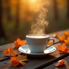 Autumnal Serenity Warm Drink  Fall Leaves  Perfect for Cozy Season Visuals