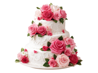Elegant three tiered wedding cake adorned with pink roses. Isolated On Transparent Background