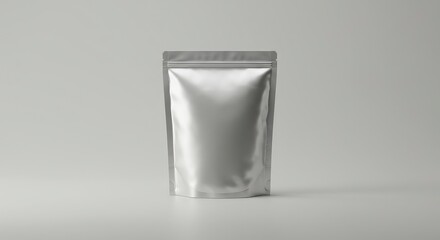 A silver standup pouch with a zipper is centered on a light gray background