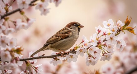 Fototapeta premium A sparrow perched on a flowering cherry blossom branch