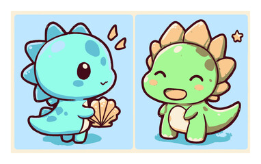 Obraz premium Cute Cartoon Dinosaurs with Shell on Light Blue Background