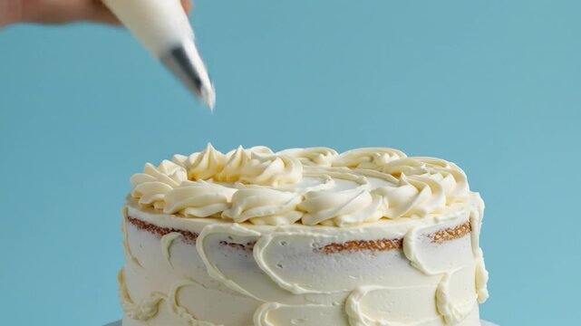 Icing cake with a piping bag on a plain blue background for dessert recipe images