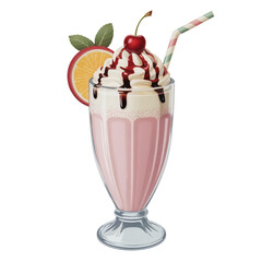 Cold strawberry ice cream dessert with a cherry on top and strawberry pieces in a glass