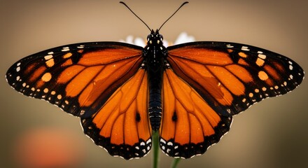 Fototapeta premium Monarch butterfly with wings spread wide resting on a white flower