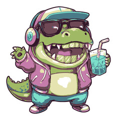Fototapeta premium Cool Cartoon Dinosaur Character Wearing Sunglasses and Enjoying a Drink