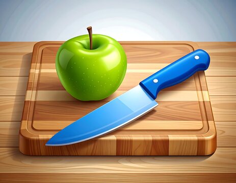 Green apple and knife on a wooden cutting board - Powered by Adobe