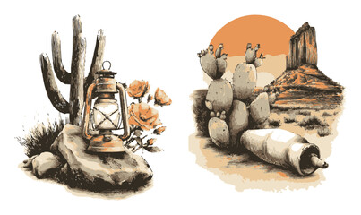 Obraz premium Rustic Desert Landscape with Lantern, Cacti, and Warm Sunset Elements