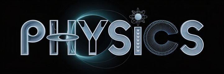 Futuristic Physics Text Banner with Neon Light Effects, Science and Education Concept Background on Black