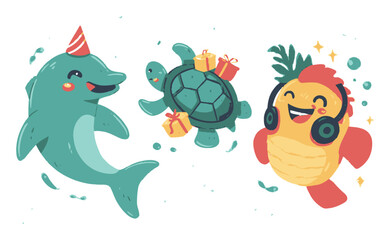 Obraz premium Colorful Cartoon Sea Animals Celebrating with Gifts and Party Accessories