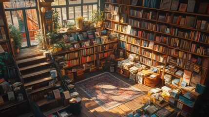 Cozy bookshop interior with sunlight and plants