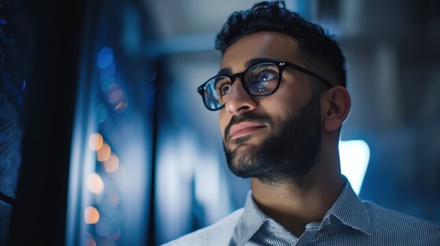 A technical specialist in glasses stands confidently before a server rack, representing expertise in technology.