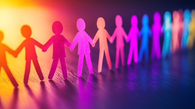 Colorful paper cut-out human chain figures holding hands on dark surface with glowing light, symbolizing unity, diversity, teamwork, inclusion, and social connection in community support