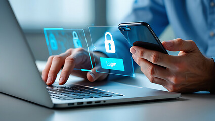 Person using laptop and smartphone with digital login interface and security padlock icons shown
