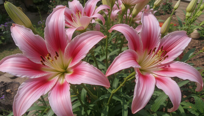 Fototapeta premium Cinematic photo of vibrant Stargazer Lilies with delicate pink petals and golden anthers, set in a lush green garden with warm lighting, shallow depth, and soft focus creating a serene, elegant mood
