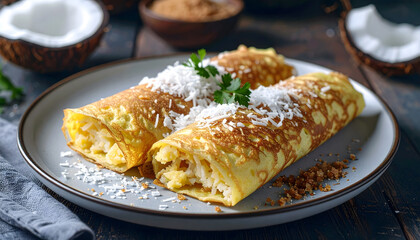 Golden crepes filled with coconut, topped with shredded coconut and parsley, served on a plate.