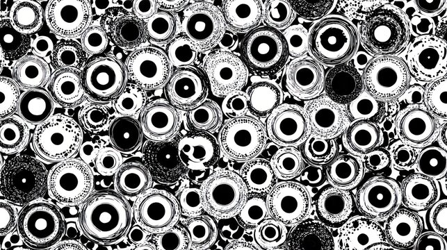 Black and white pattern of various-sized, irregular concentric circles forming an abstract design