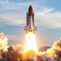Rocket launch into a vibrant sky