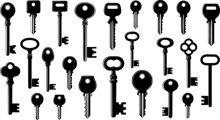 Set of black silhouettes of door keys on a white background