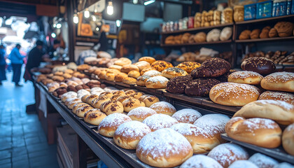 Fototapeta premium A tempting display of freshly baked bread, rolls, and pastries at a bakery, showcasing a variety of textures and toppings.