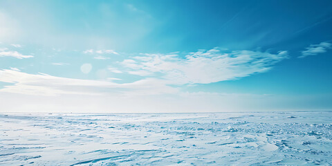 Snowy tundra landscape under a clear blue sky with soft clouds

