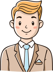 Cartoon illustration of a young man in a light beige suit and light blue tie.