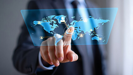 A businessman interacting with a digital world map interface displaying ai and global connections