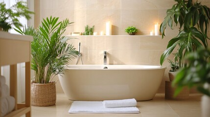 Serene Modern Bathroom Oasis with Indoor Plants and Neutral Tones