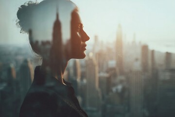 Businesswoman looking out office window over city skyline side profile barely visible thoughtful mood